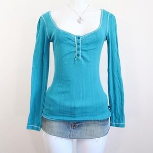 y2k lei teal ribbed henley long sleeve scoop neck